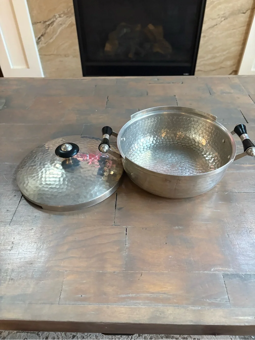 Vintage Hammered Stainless Steel Serving Casserole with Black Handle